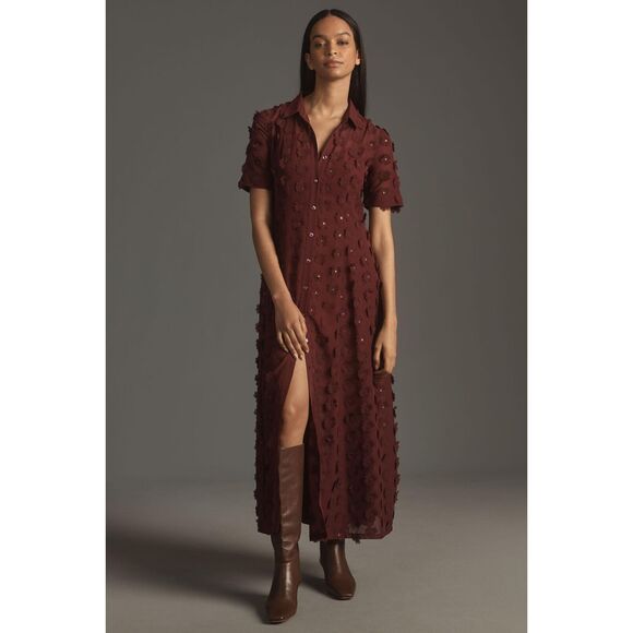Anthropologie Porridge Short-Sleeve Sheer 3-D Floral Shirtdress 3X NEW